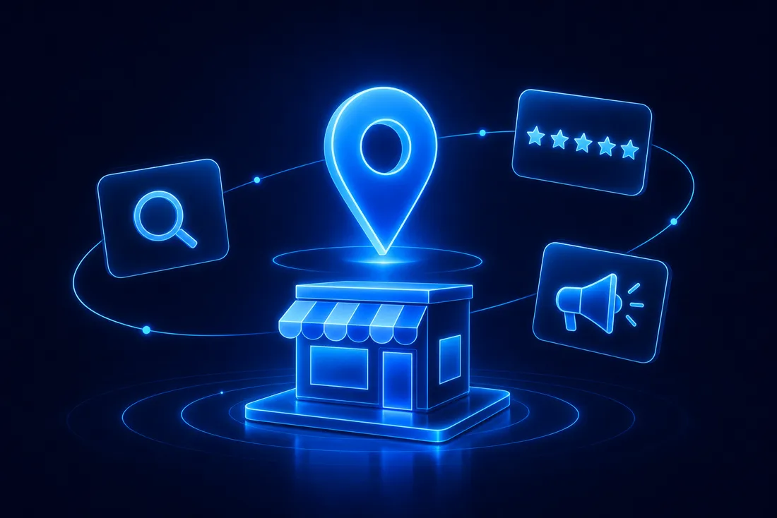 A business getting found online — local search pin, reviews, and ads