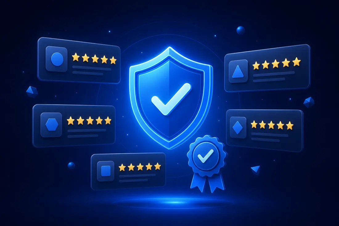 Five-star reviews and trust signals around a shield
